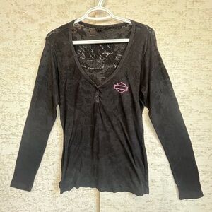 Harley-Davidson Black Burnout Thermal Henley Top Pink Rhinestone Spellout Logo